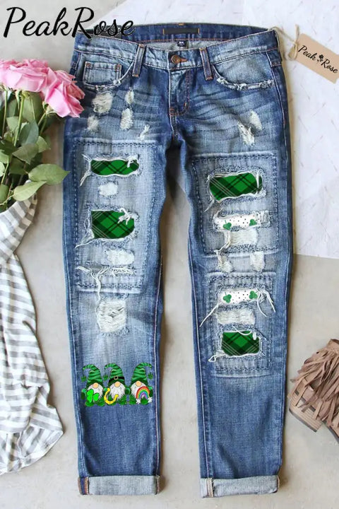 Green Lucky Clover Gnomies Denim Jeans S / Blue