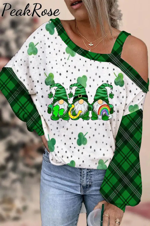 Green Lucky Clover Gnomies Off-Shoulder Blouse