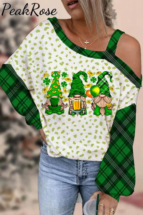 Green Lucky Clover Gnomies Off-Shoulder Blouse