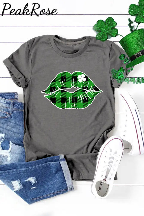 Green Plaid Clover Lips T-Shirt