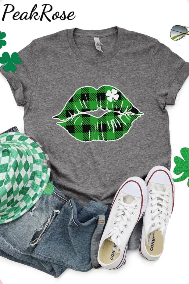 Green Plaid Clover Lips T-Shirt