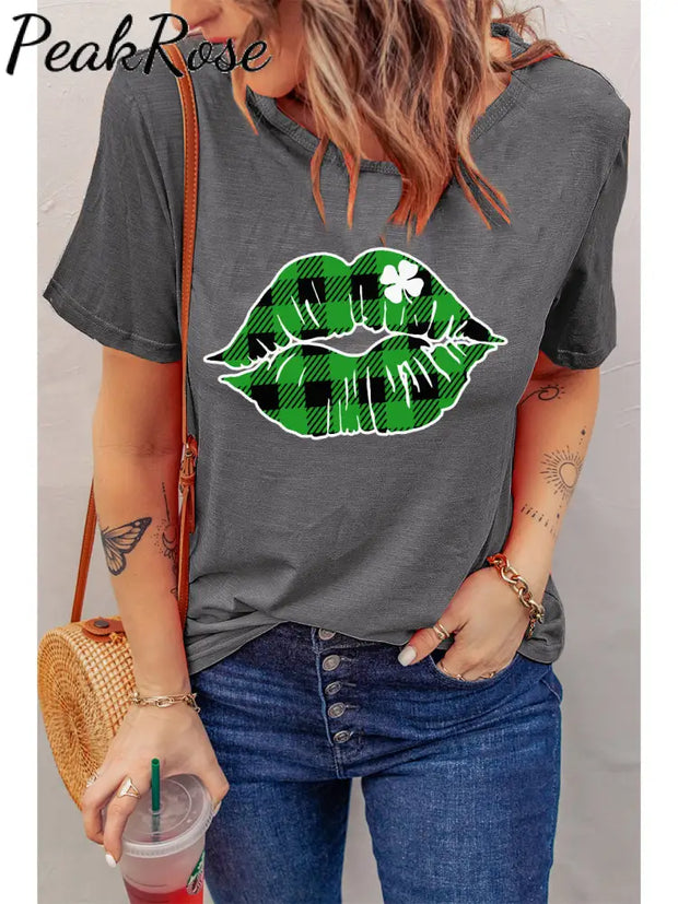 Green Plaid Clover Lips T-Shirt