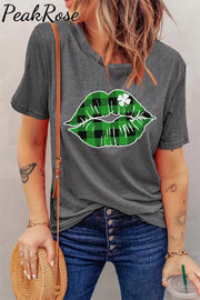 Green Plaid Clover Lips T-Shirt Gray / S