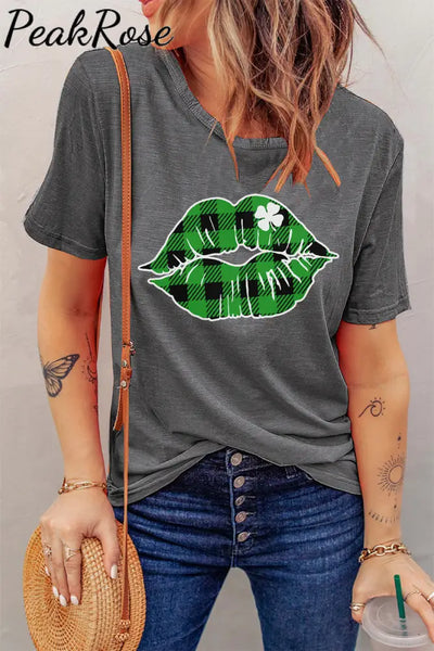 Green Plaid Clover Lips T-Shirt Gray / S