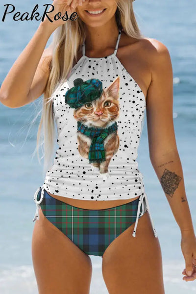 Green Plaid Cute Cat Bikini Swimsuit S / Polka