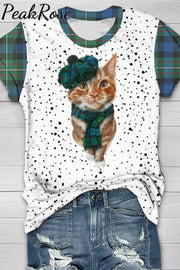 Green Plaid Cute Cat Bleached T-Shirt T-Shirt