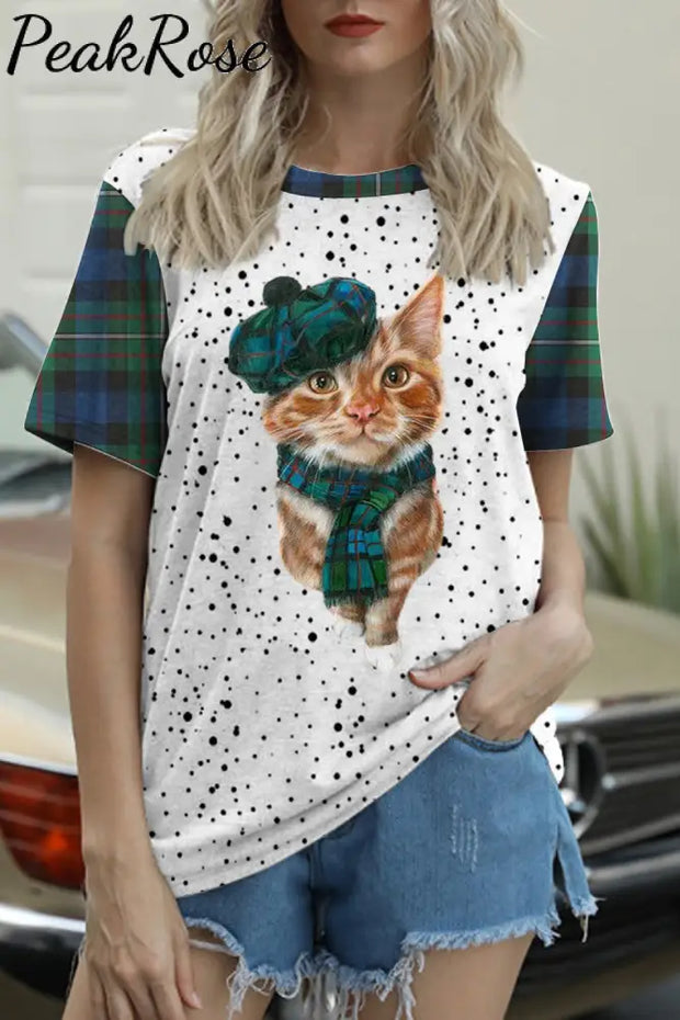 Green Plaid Cute Cat Bleached T-Shirt S / Polka T-Shirt