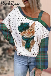 Green Plaid Cute Cat Off-Shoulder Blouse