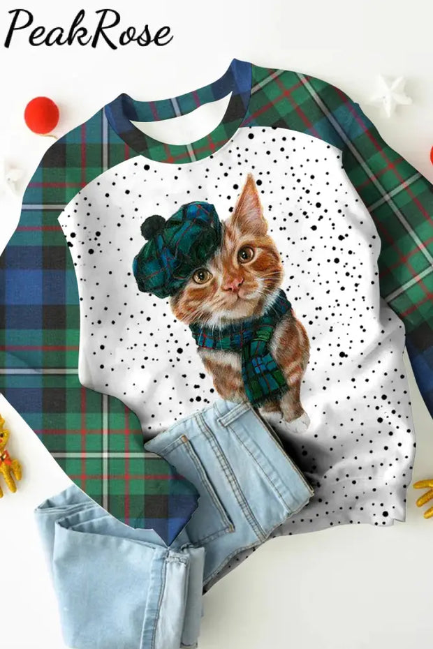 Green Plaid Cute Cat Print Sweatshirt