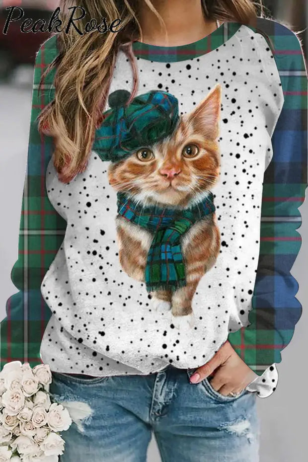 Green Plaid Cute Cat Print Sweatshirt S / Polka