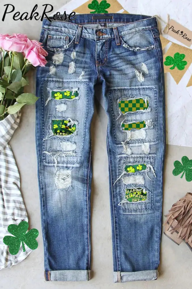 Green Plaid Happy St.patrick’s Day Hat With Shamrocked Print Ripped Jeans