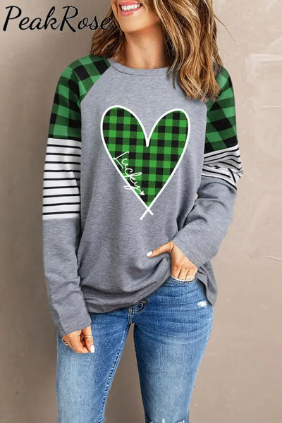 Green Plaid Love Print Sweatshirt Grey / S