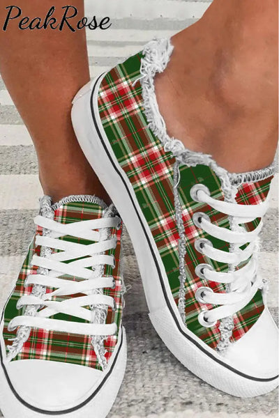 Green&Red Plaid Print Shoes Canvas Sneakers / 3.5(35)