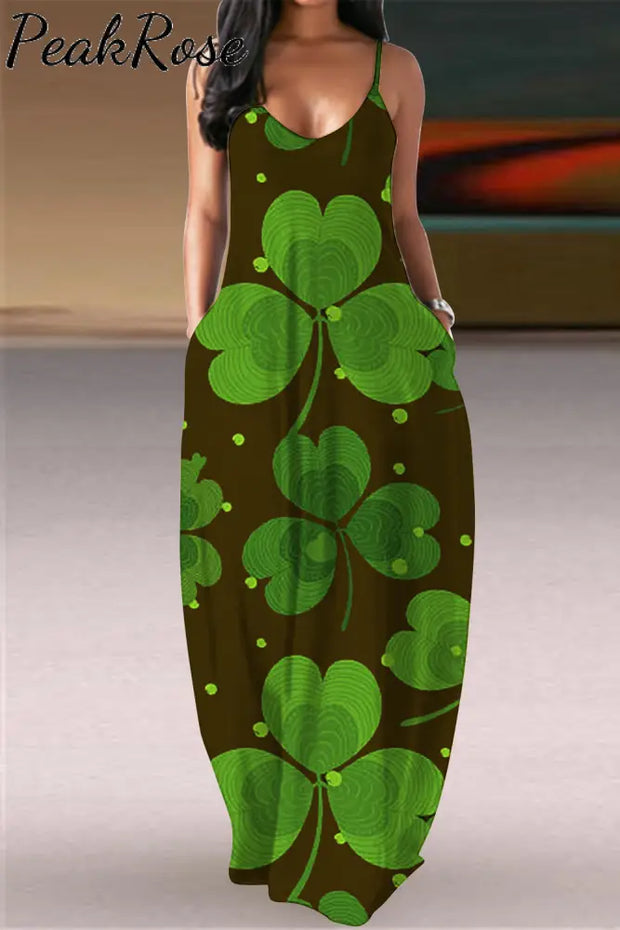 Green Retro Dark Pattern Clover Full Print On Black Background Cami Maxi Dress