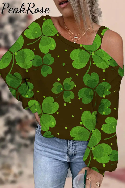 Green Retro Dark Pattern Clover Full Print On Black Background Off-Shoulder Blouse