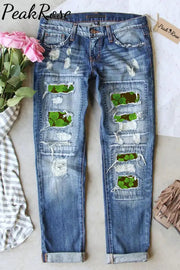 Green Retro Dark Pattern Clover Full Print On Black Background Ripped Denim Jeans