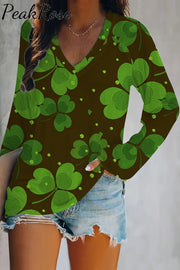 Green Retro Dark Pattern Clover Full Print On Black Background V Neck Long Sleeve Tee