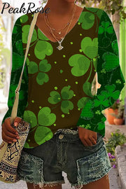 Green Retro Dark Pattern Clover Full Print On Black Background V Neck Sweatshirt