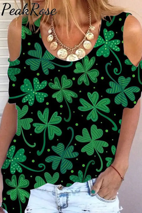 Green Shamrocks Lucky Four Leaf Clovers Cold Shoulder T-Shirt T-Shirt