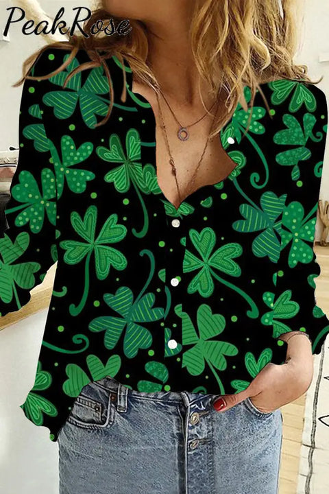 Green Shamrocks Lucky Four Leaf Clovers Long Sleeve Shirt S / Women