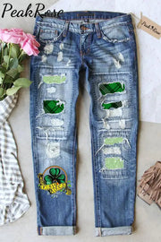 Green Vintage Check Sequin Ripped Denim Jeans S