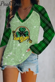 Green Vintage Check Sequin V-Neck Long Sleeve Tee