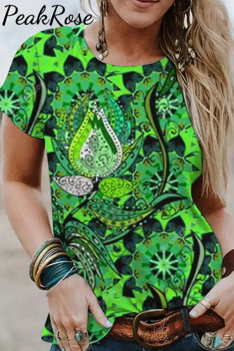 Green Vintage Print Classic Dress O Neck T-Shirt