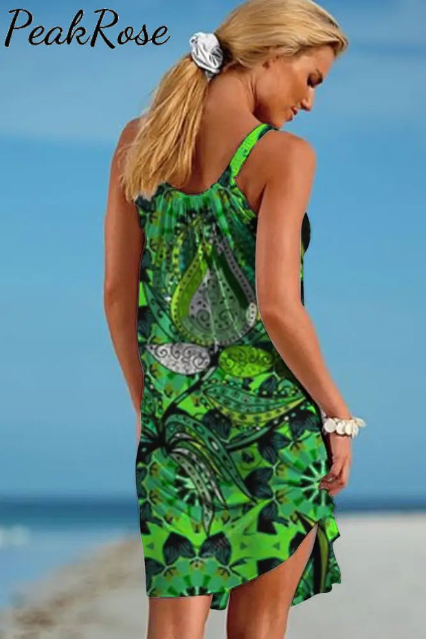 Green Vintage Print Classic Dress Sleeveless