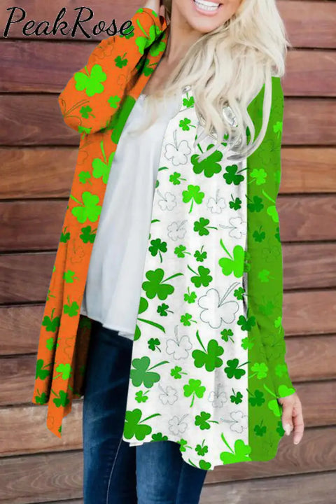 Green White Orange Tricolor St Patrick’s Day Shamrocks Tye Dye Printed Loose Cardigan