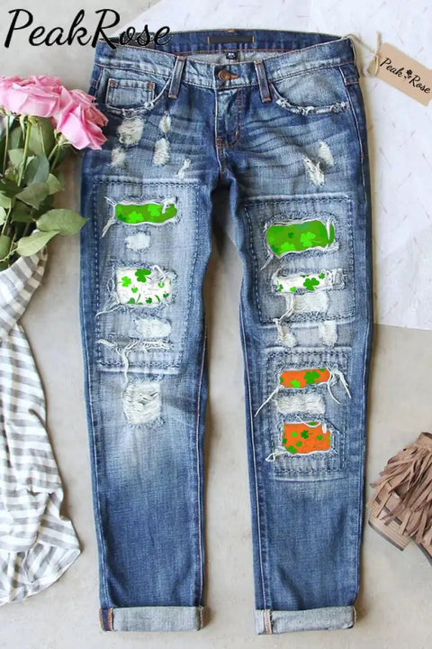 Green White Orange Tricolor St Patrick’s Day Shamrocks Tye Dye Printed Ripped Denim Jeans S