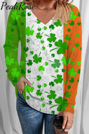 Green White Orange Tricolor St Patrick’s Day Shamrocks Tye Dye Printed V Neck Long Sleeve T-Shirt