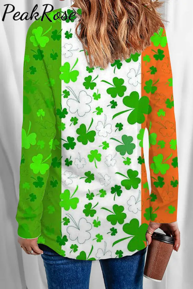 Green White Orange Tricolor St Patrick’s Day Shamrocks Tye Dye Printed V Neck Long Sleeve T-Shirt