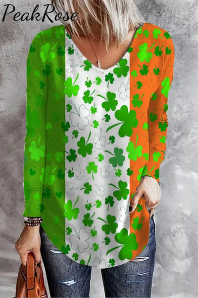 Green White Orange Tricolor St Patrick’s Day Shamrocks Tye Dye Printed V Neck Long Sleeve T-Shirt