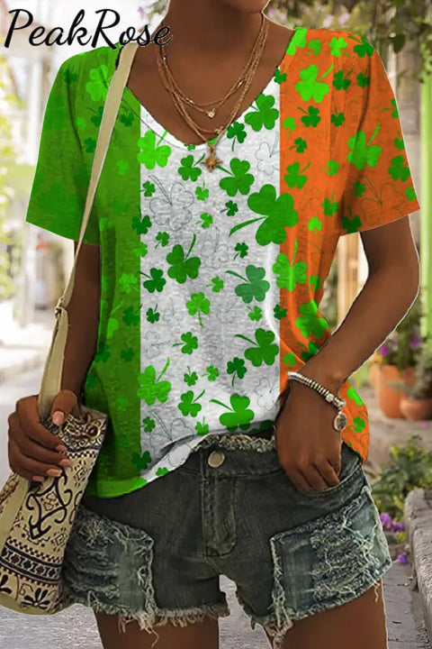 Green White Orange Tricolor St Patrick’s Day Shamrocks Tye Dye Printed V Neck T-Shirt