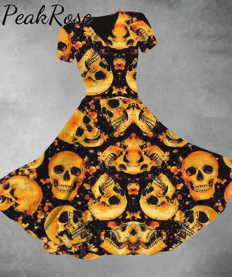 Halloween Skull Floral V-Neck Print Swing Dress Hot Sell