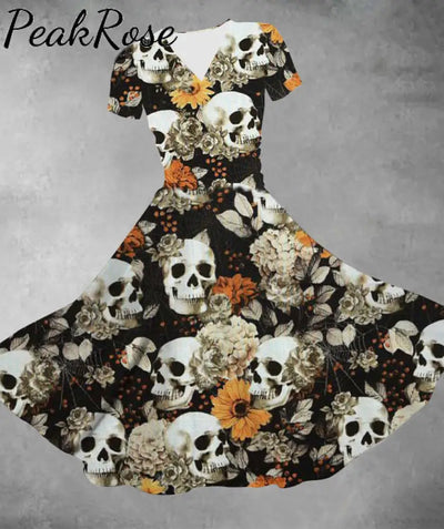 Halloween Skull Flower Print Casual V-Neck Swing Dress Hot Sell