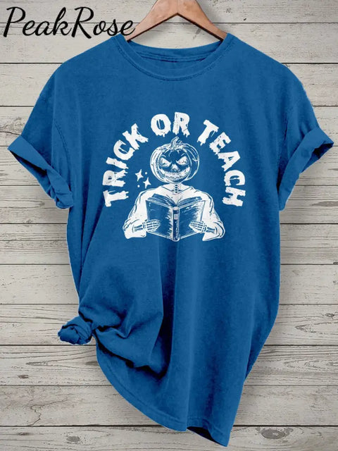 Halloween Teacher Trick Or Teach Spooky Casual Print T-Shirt Blue / S Hot Sell