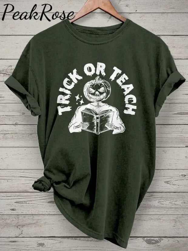 Halloween Teacher Trick Or Teach Spooky Casual Print T-Shirt Darkgreen / S Hot Sell