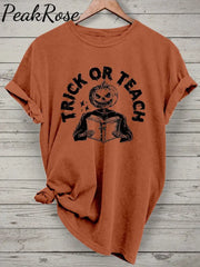 Halloween Teacher Trick Or Teach Spooky Casual Print T-Shirt Orange / S Hot Sell