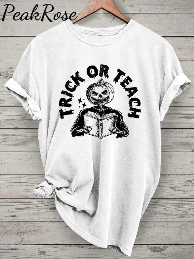 Halloween Teacher Trick Or Teach Spooky Casual Print T-Shirt White / S Hot Sell