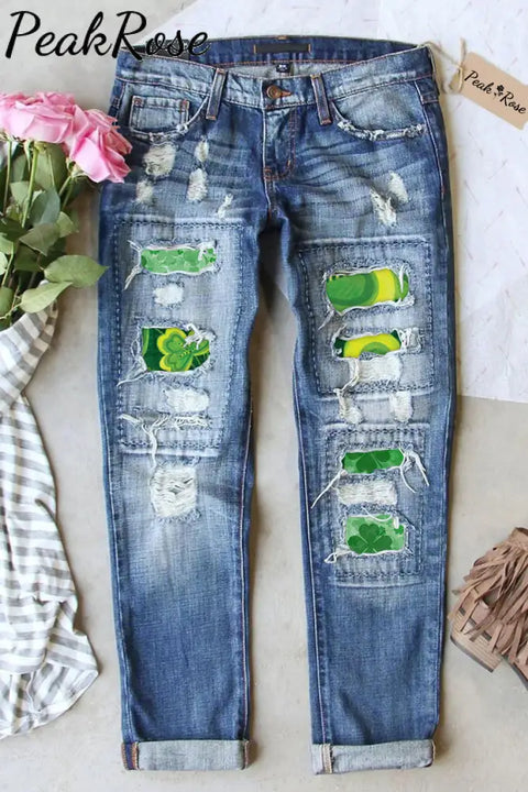 Hand-Painted Crayon Drawing Clover Print Jeans