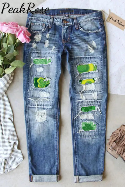 Hand-Painted Crayon Drawing Clover Print Jeans S