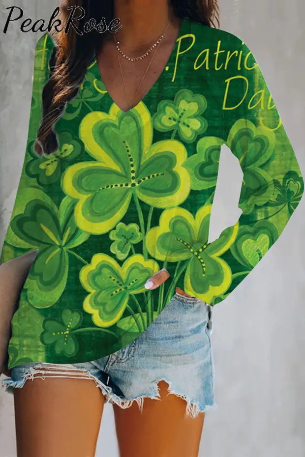 Hand-Painted Crayon Drawing Clover Print Long V-Neck Sleeve Tee S / Green