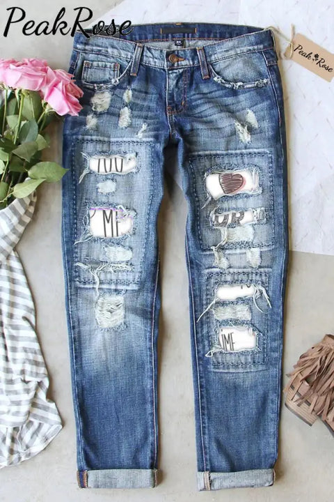 Hand-Painted Newspaper Vintage Ripped Denim Jeans