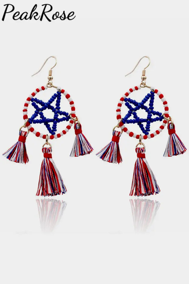 Handmade Rice Beads Flag Tassel Pentagon Earrings