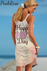 Happy Day Print Vintage Beach Sleeveless Dress