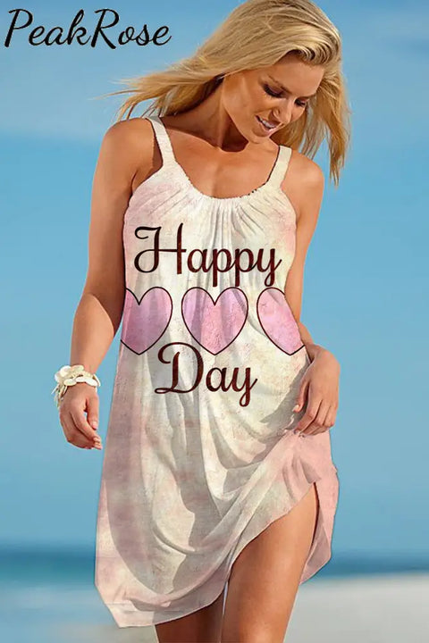 Happy Day Print Vintage Beach Sleeveless Dress S / Pink