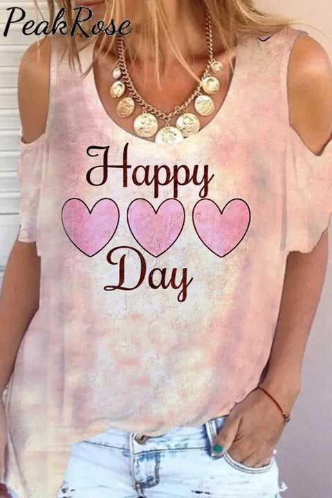 Happy Day Print Vintage Cold Shoulder T-Shirt