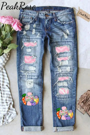 Happy Easter Bunnies Carrot Eggs Pink Stripe Ripped Denim Jeans