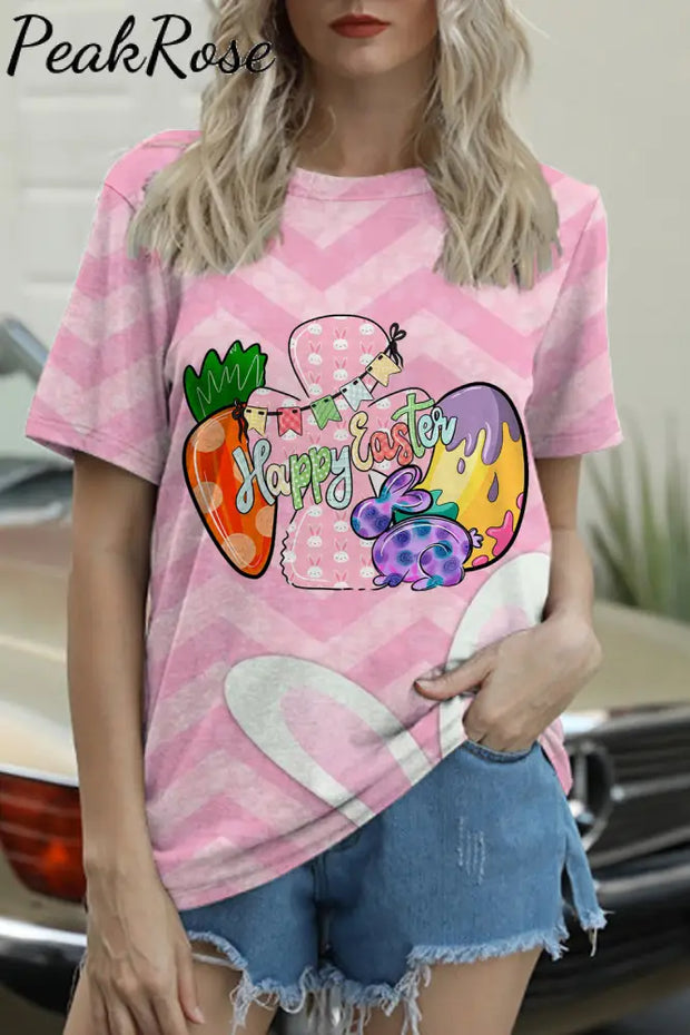 Happy Easter Bunnies Carrot Eggs Pink Stripe Round Neck T-Shirt T-Shirt